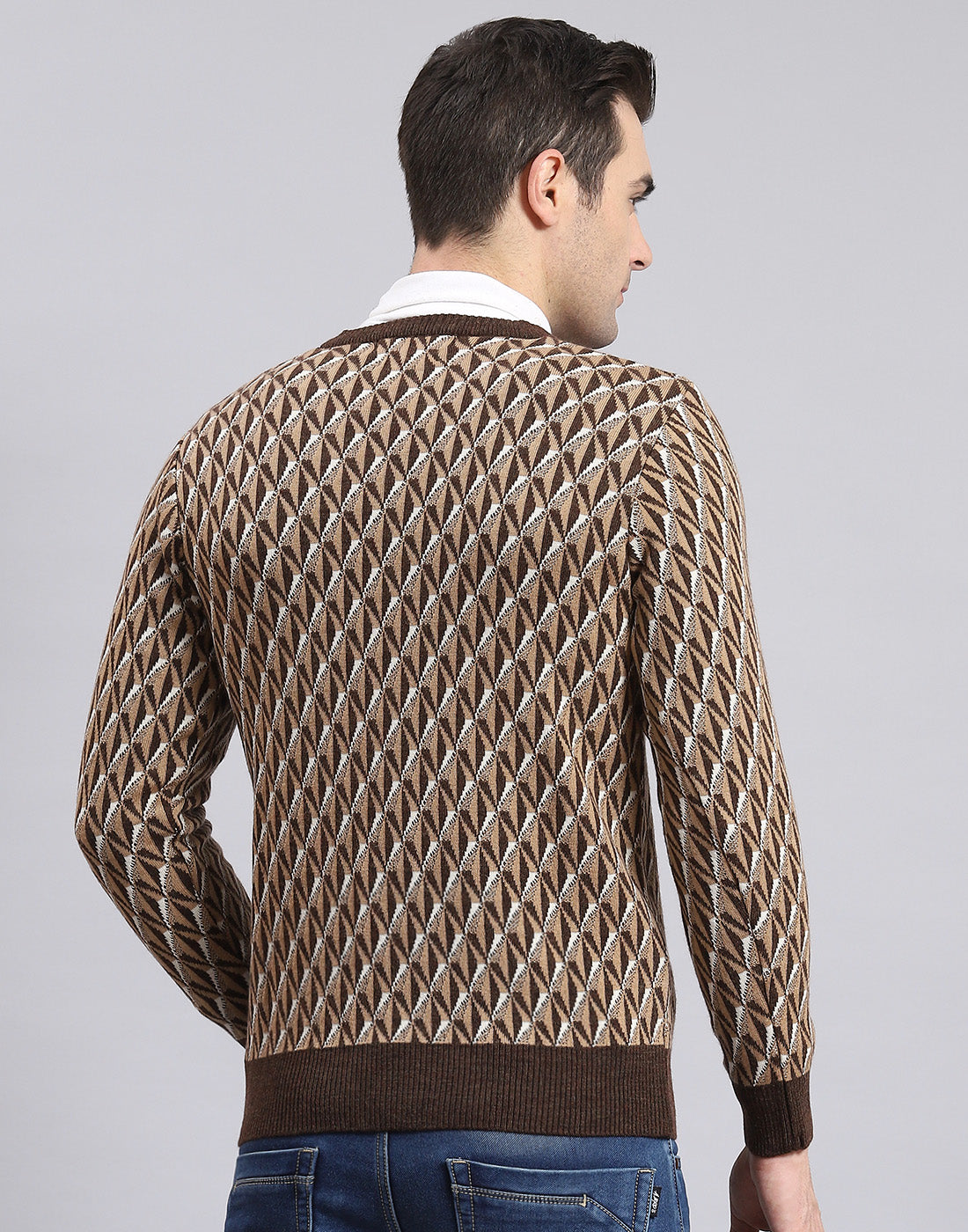 Men Brown Self Design V Neck Full Sleeve Sweater