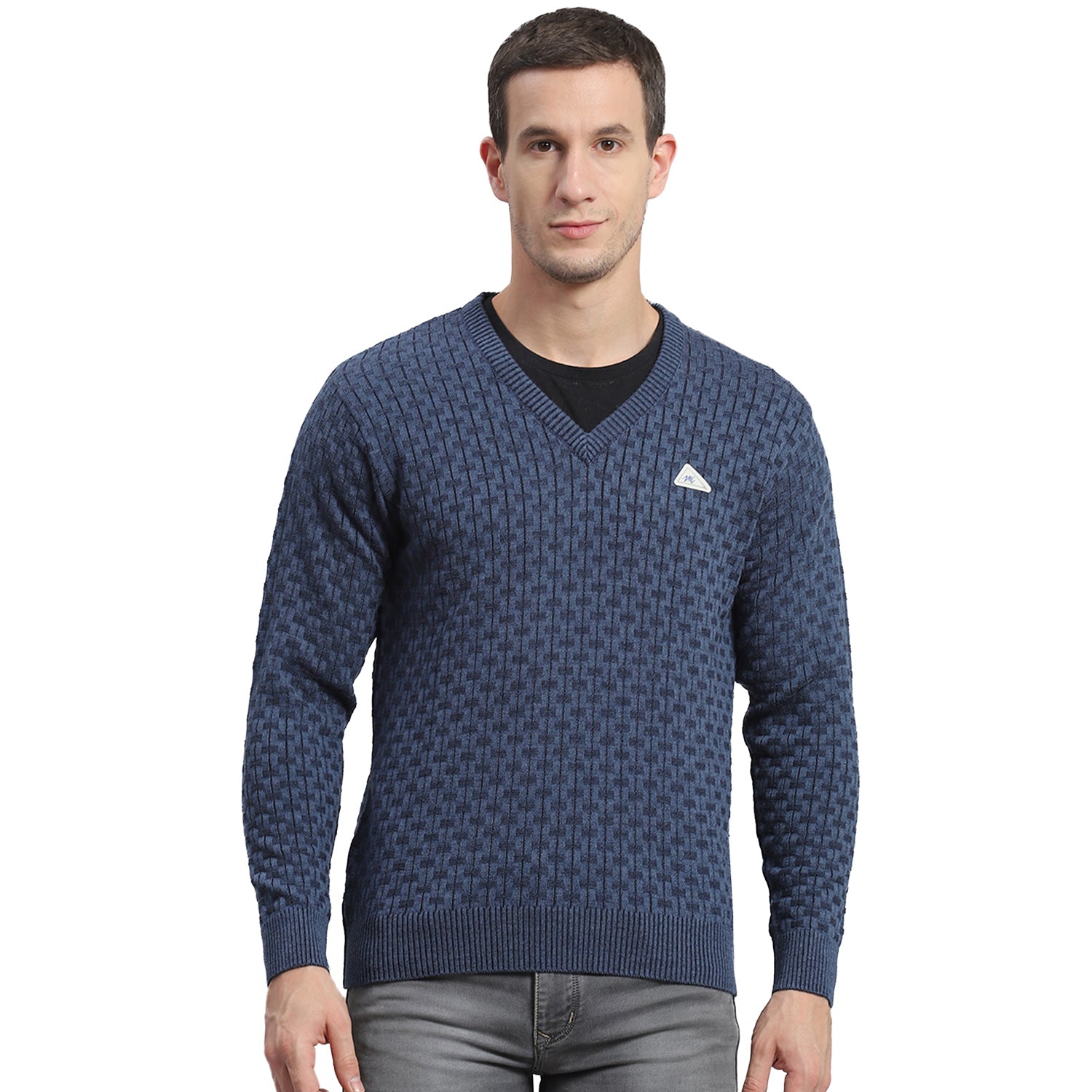 Men Blue Self Design V Neck Full Sleeve Sweater