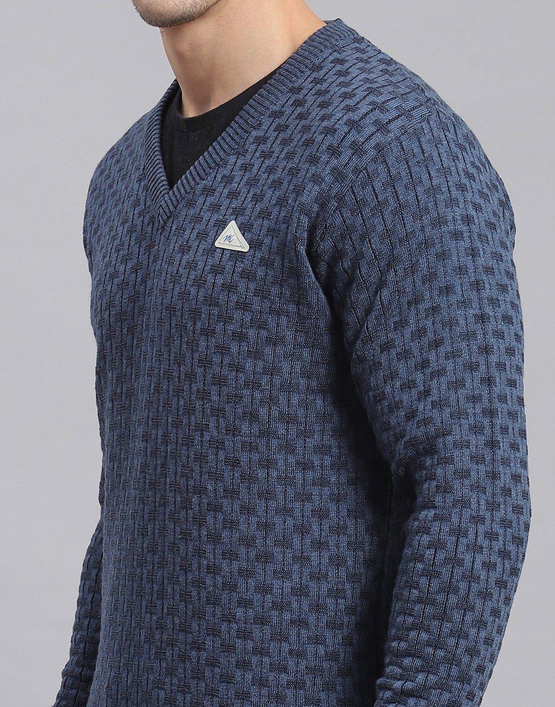 Men Blue Self Design V Neck Full Sleeve Sweater