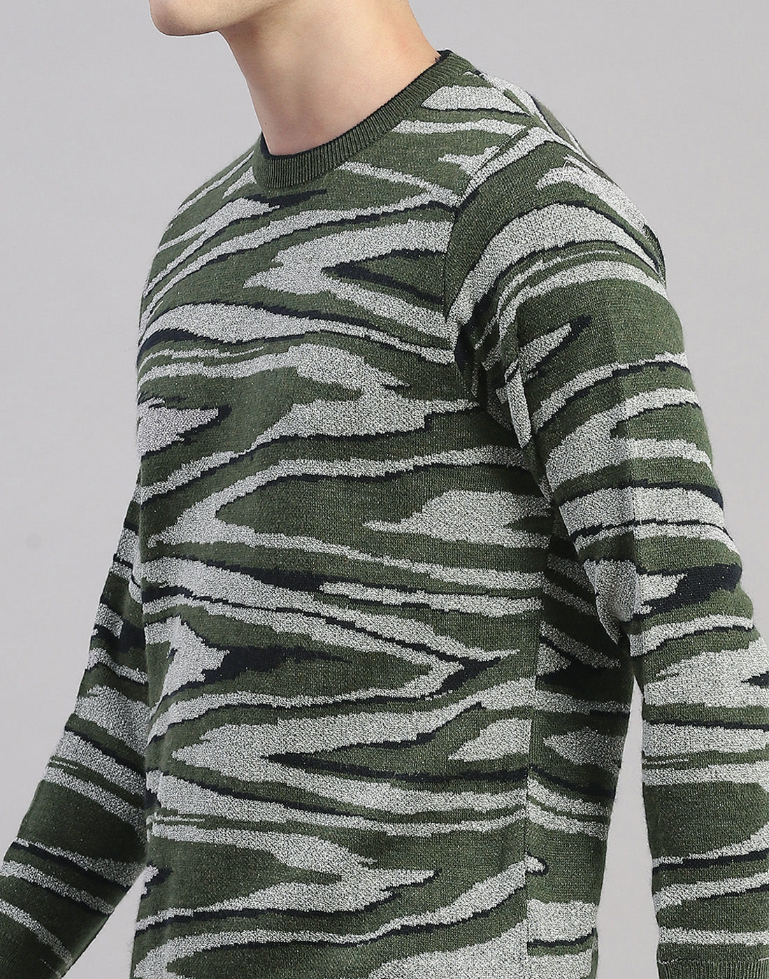 Men Green Printed Round Neck Full Sleeve Pullover