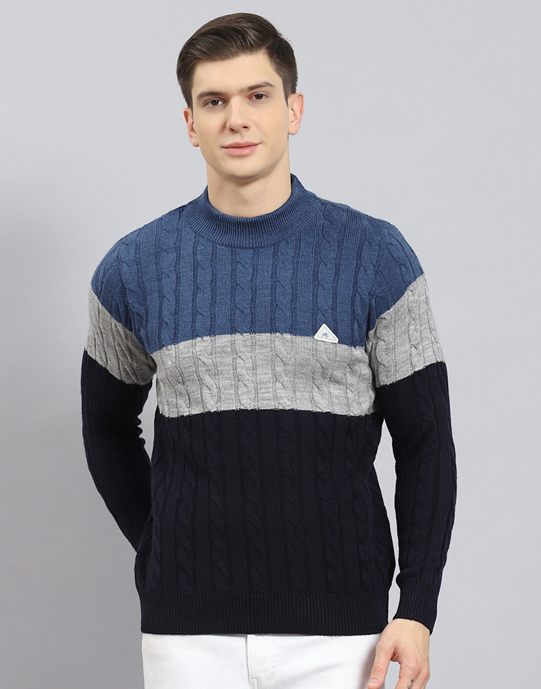 Men Navy Blue Self Design T Neck Full Sleeve Sweater