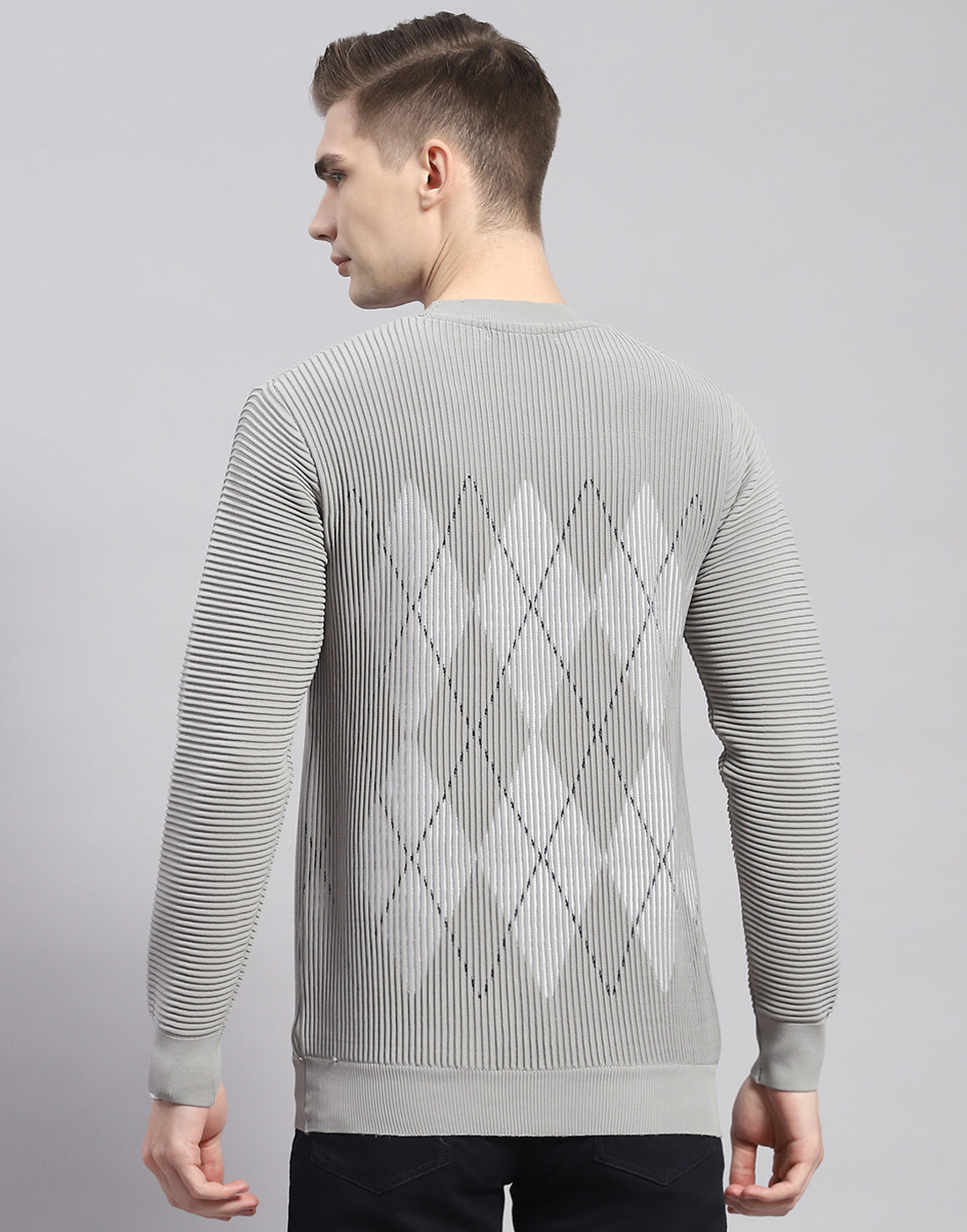 Men Grey Printed Round Neck Full Sleeve Pullover