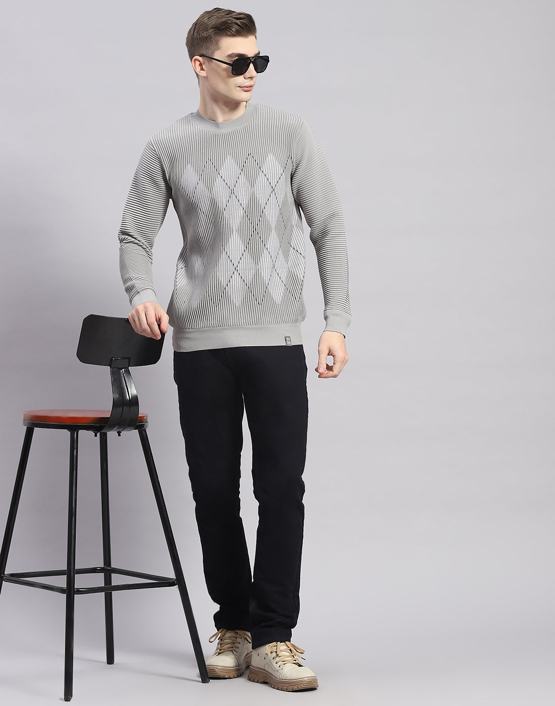 Men Grey Printed Round Neck Full Sleeve Pullover