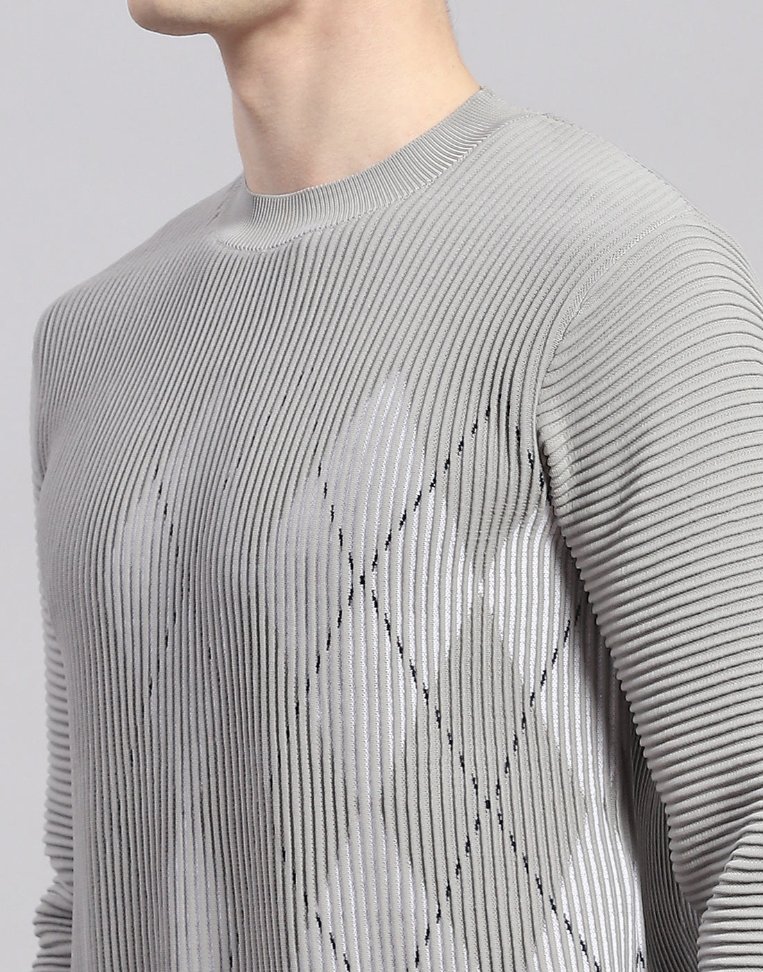 Men Grey Printed Round Neck Full Sleeve Pullover