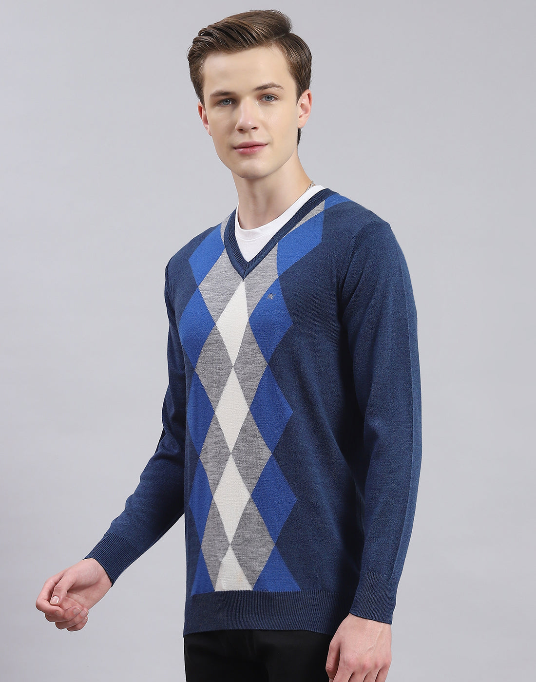 Men Blue Self Design V Neck Full Sleeve Sweater