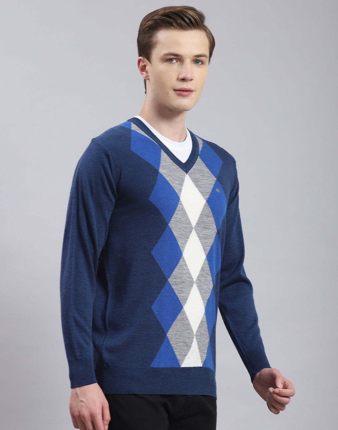 Men Blue Self Design V Neck Full Sleeve Sweater