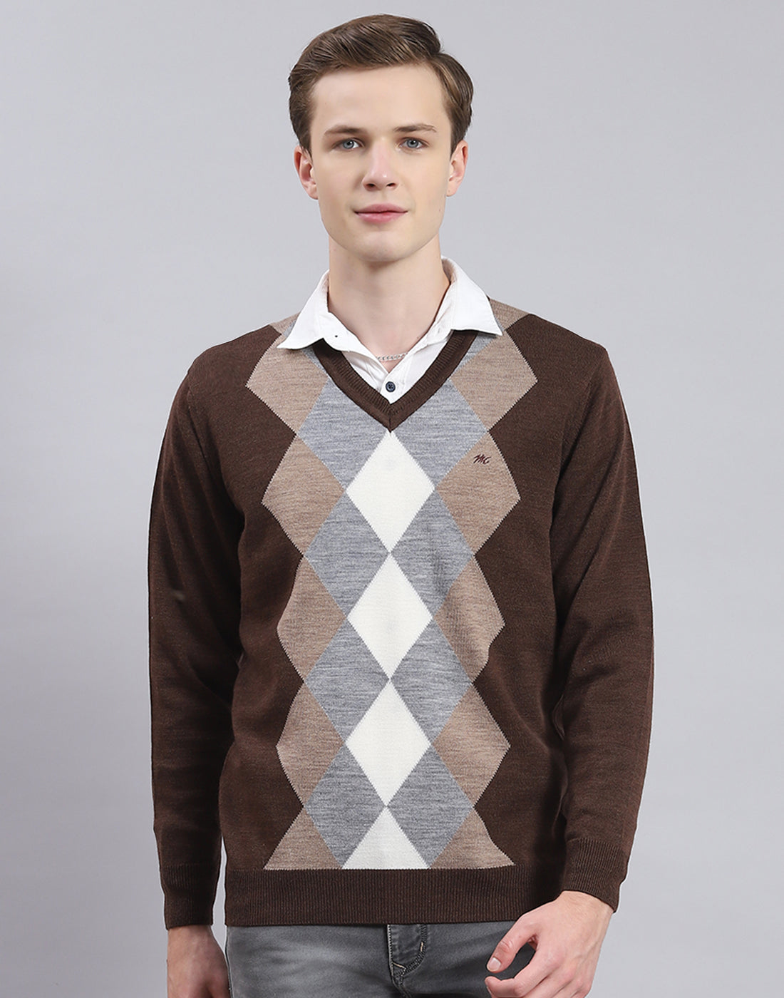 Men Brown Self Design V Neck Full Sleeve Sweater