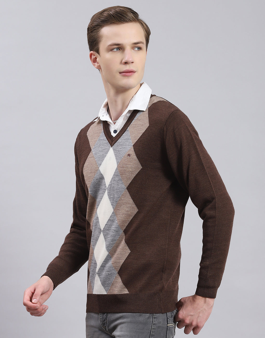 Men Brown Self Design V Neck Full Sleeve Sweater