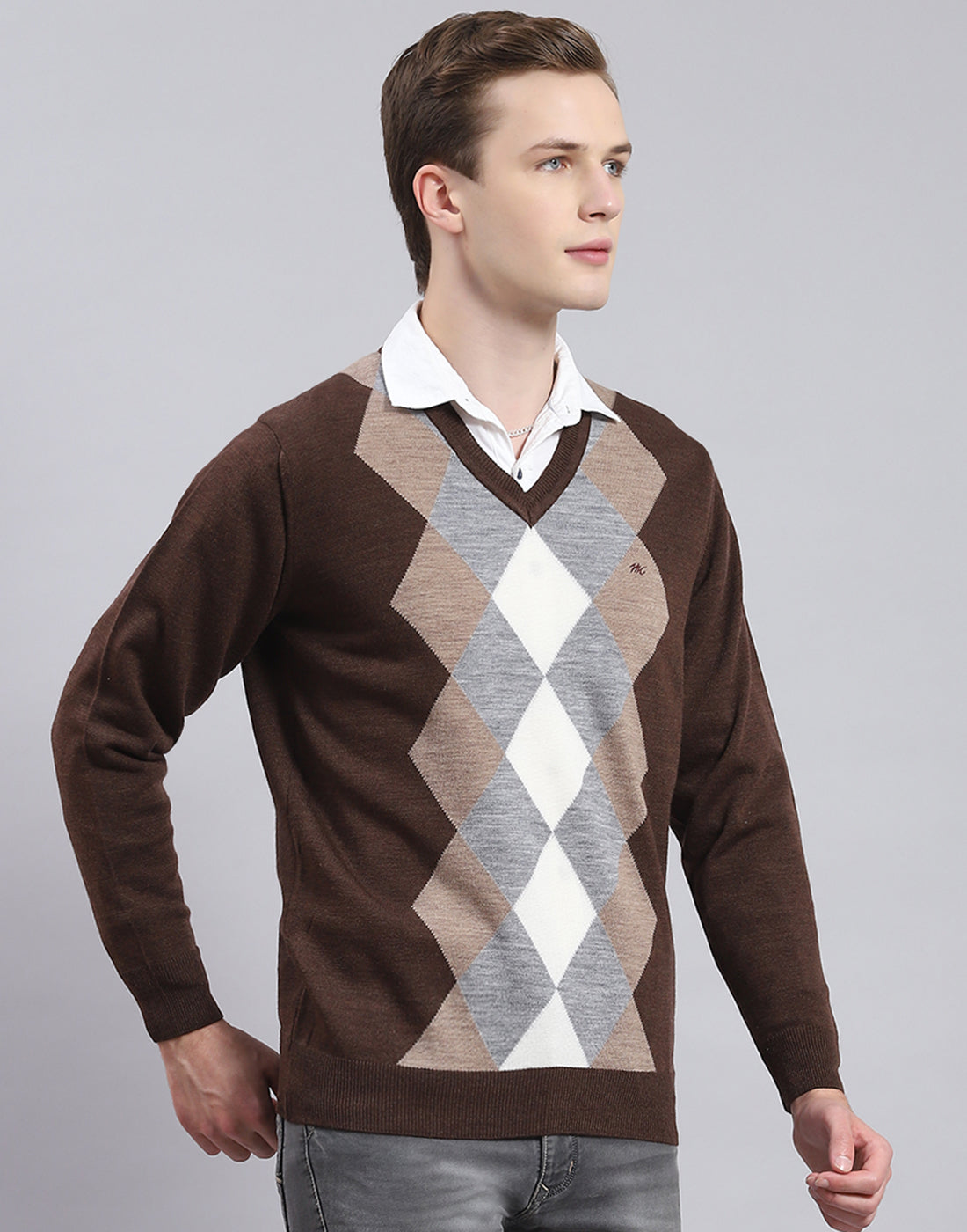 Men Brown Self Design V Neck Full Sleeve Sweater