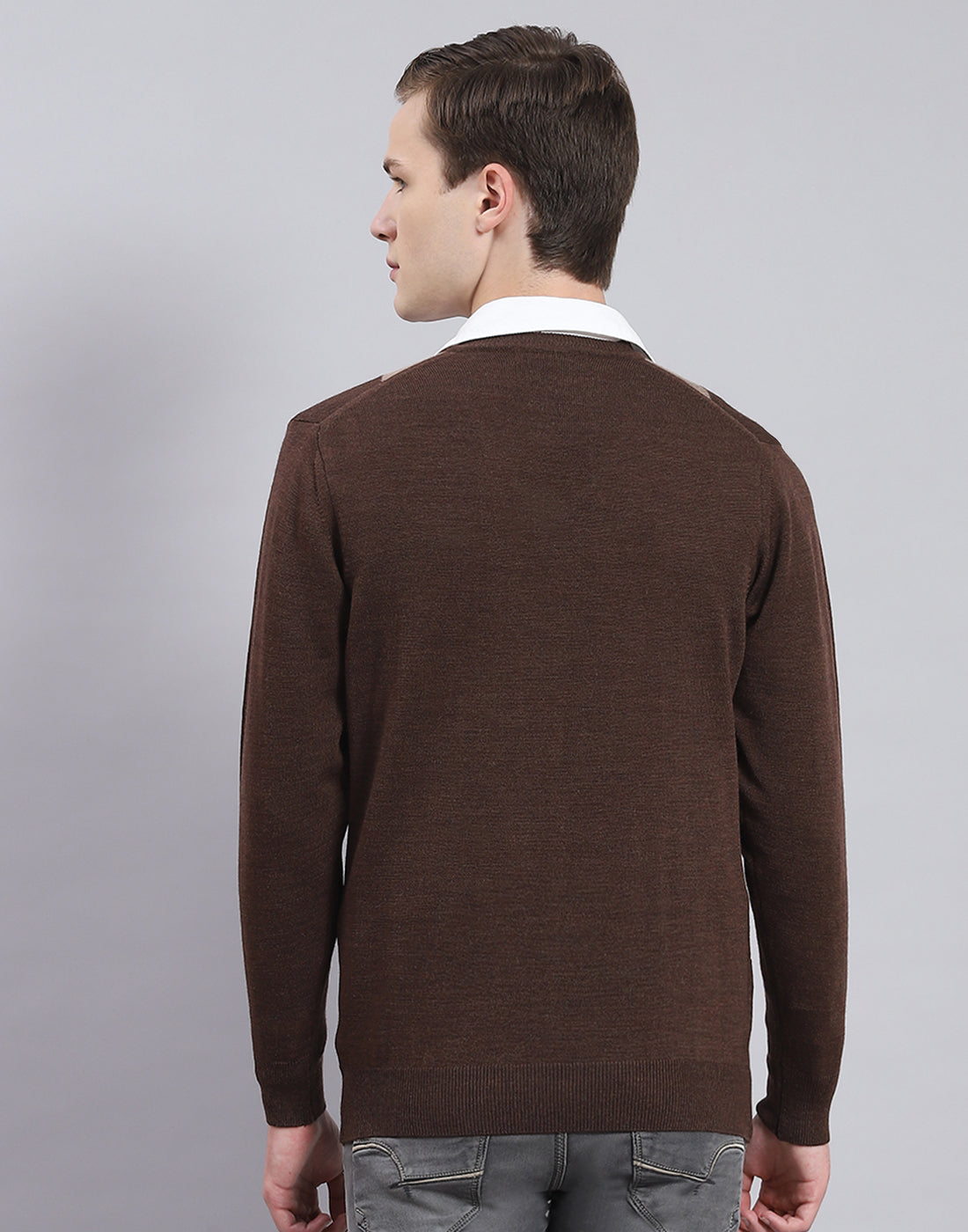 Men Brown Self Design V Neck Full Sleeve Sweater