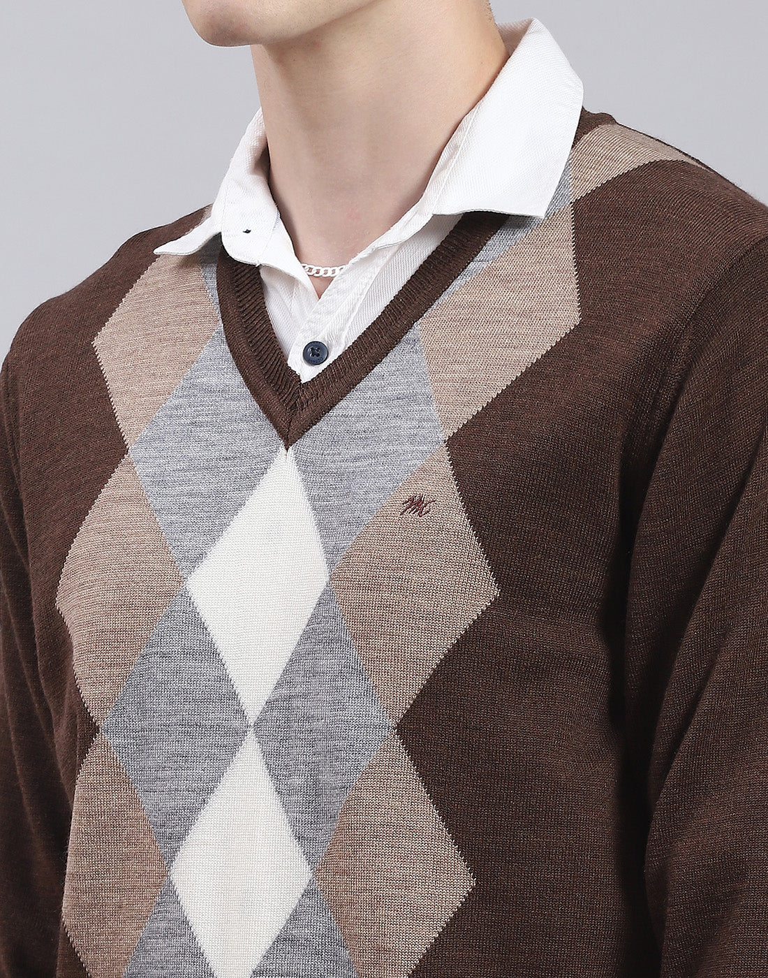 Men Brown Self Design V Neck Full Sleeve Sweater