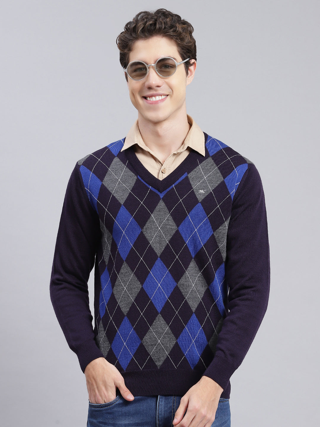 Men Navy Blue Printed Wool blend Pullover