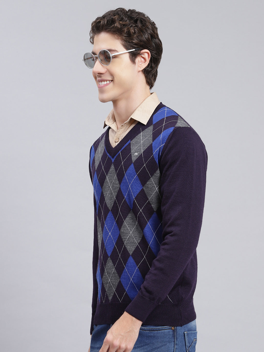 Men Navy Blue Printed Wool blend Pullover