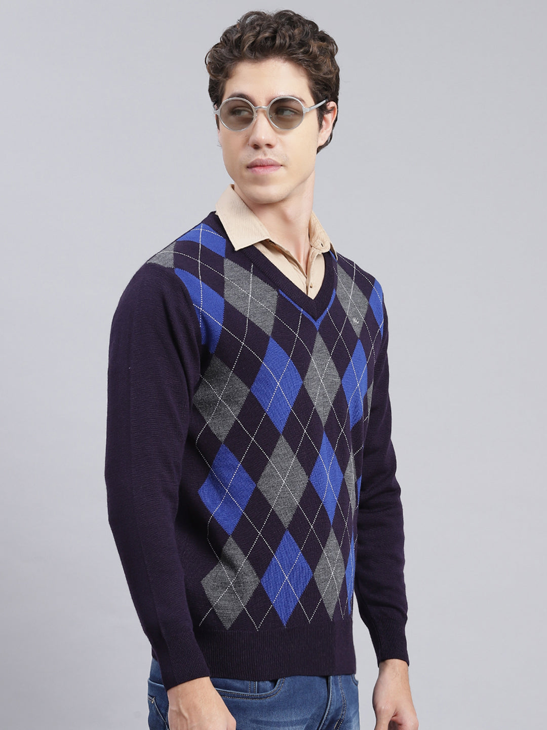 Men Navy Blue Printed Wool blend Pullover