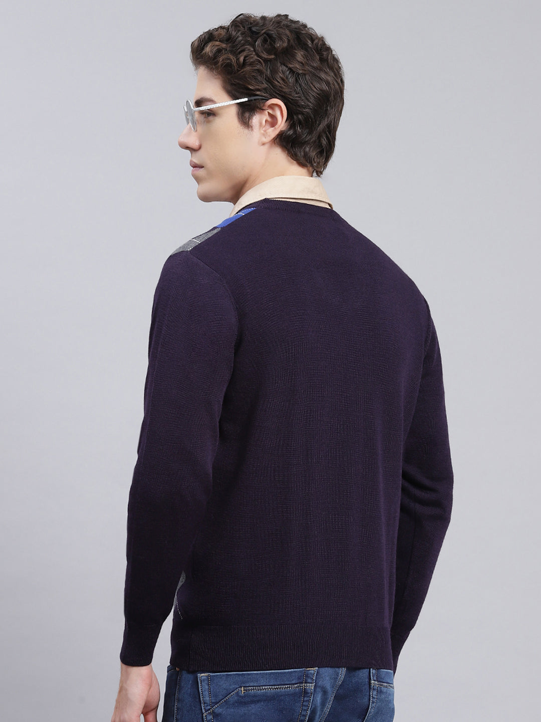 Men Navy Blue Printed Wool blend Pullover