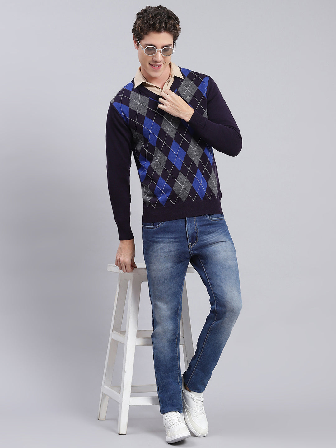 Men Navy Blue Printed Wool blend Pullover