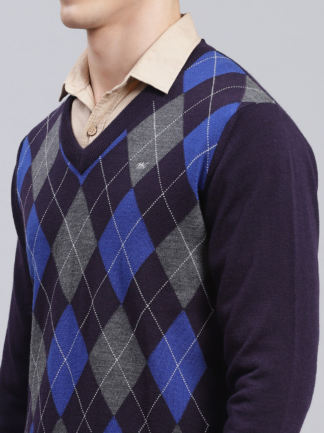 Men Navy Blue Printed Wool blend Pullover