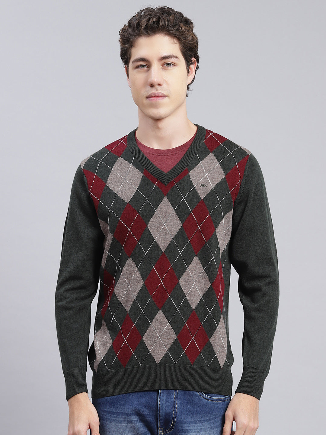 Men Green Printed Wool blend Pullover