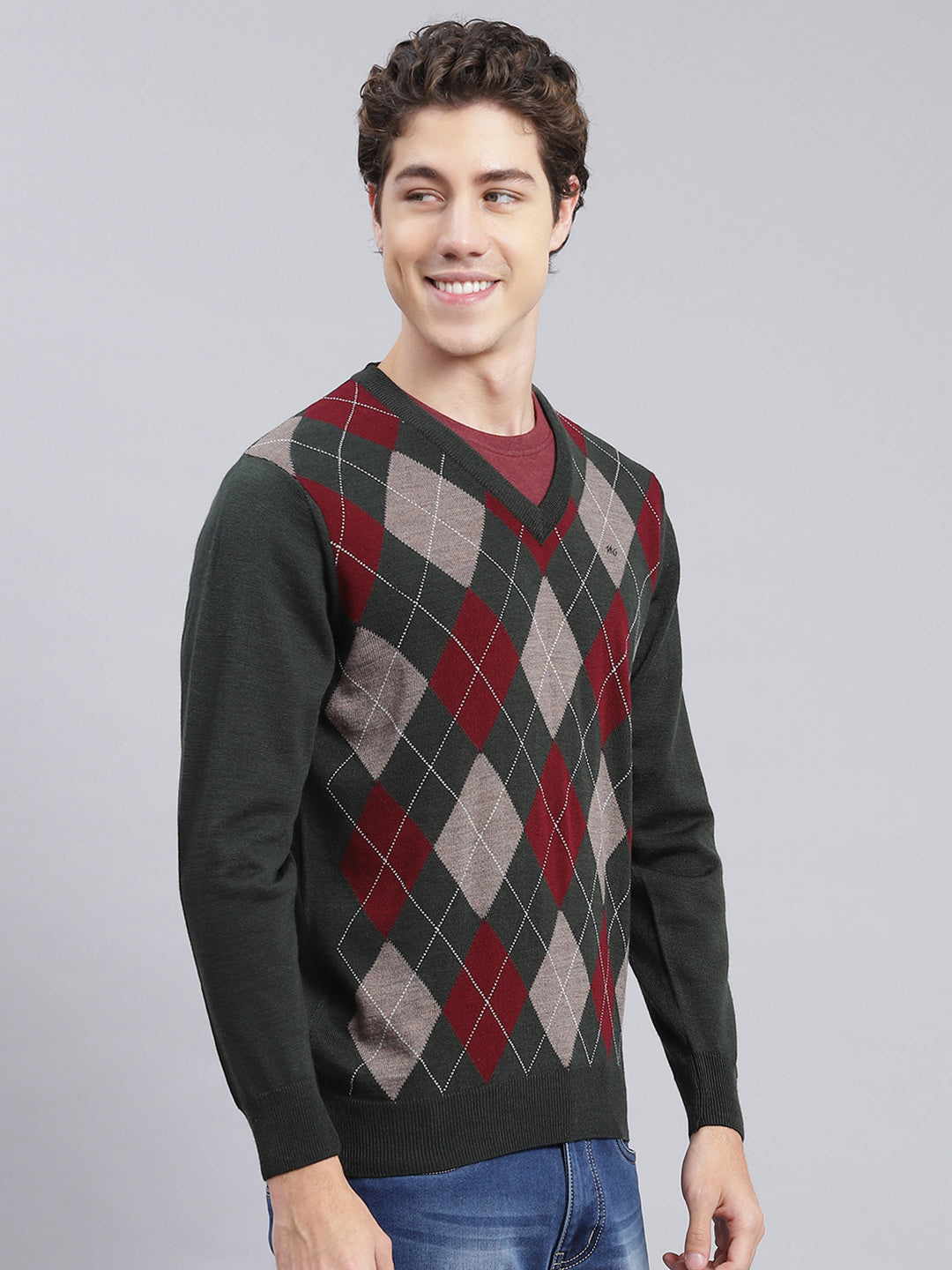 Men Green Printed Wool blend Pullover