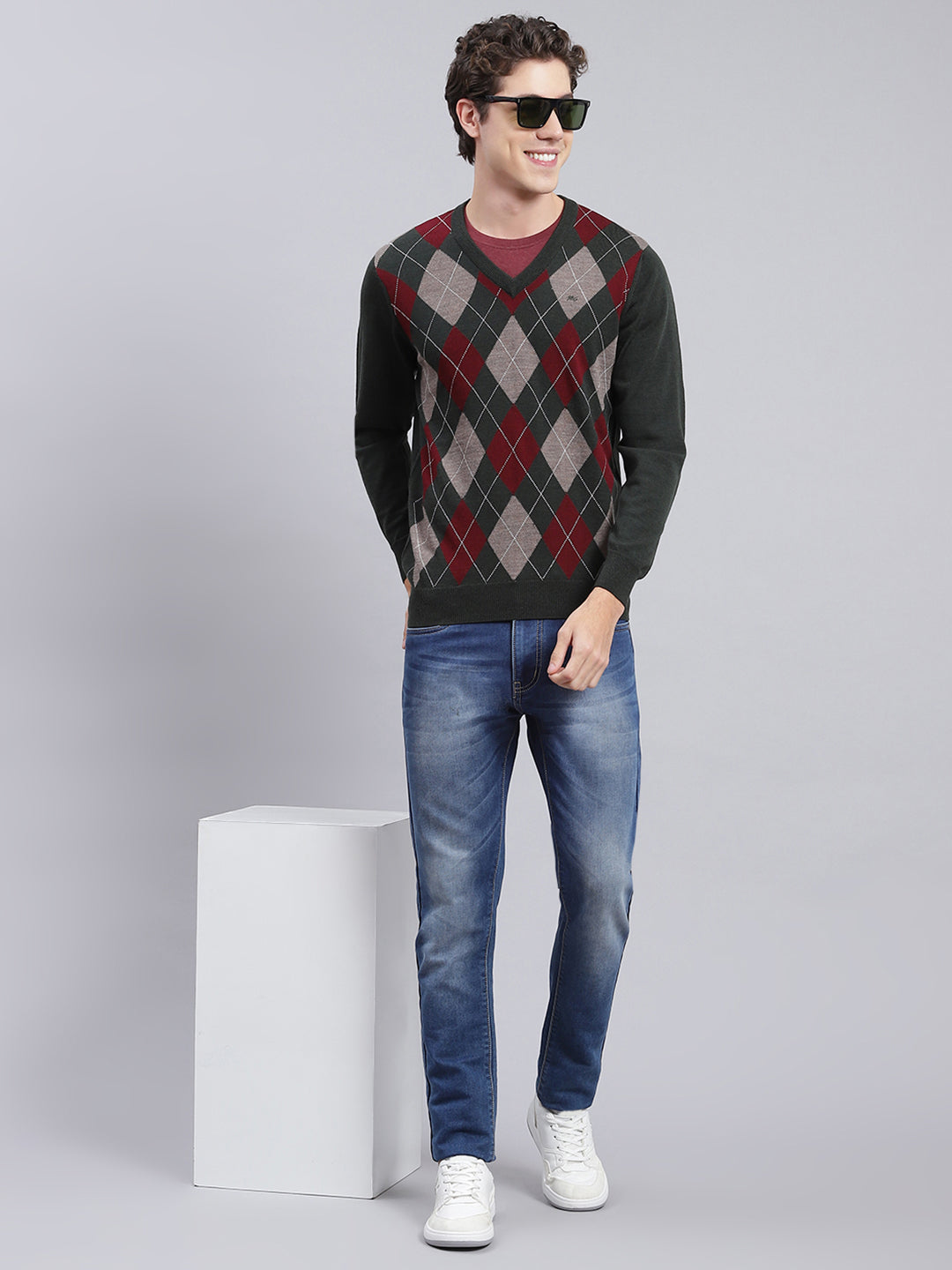 Men Green Printed Wool blend Pullover