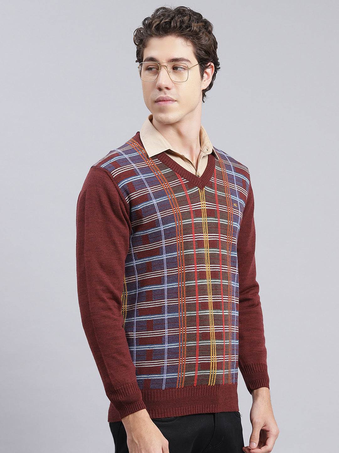 Men Maroon Printed Wool blend Pullover