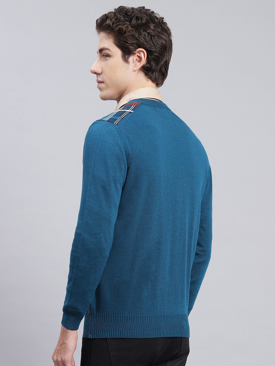 Men Teal Blue Printed Wool blend Pullover