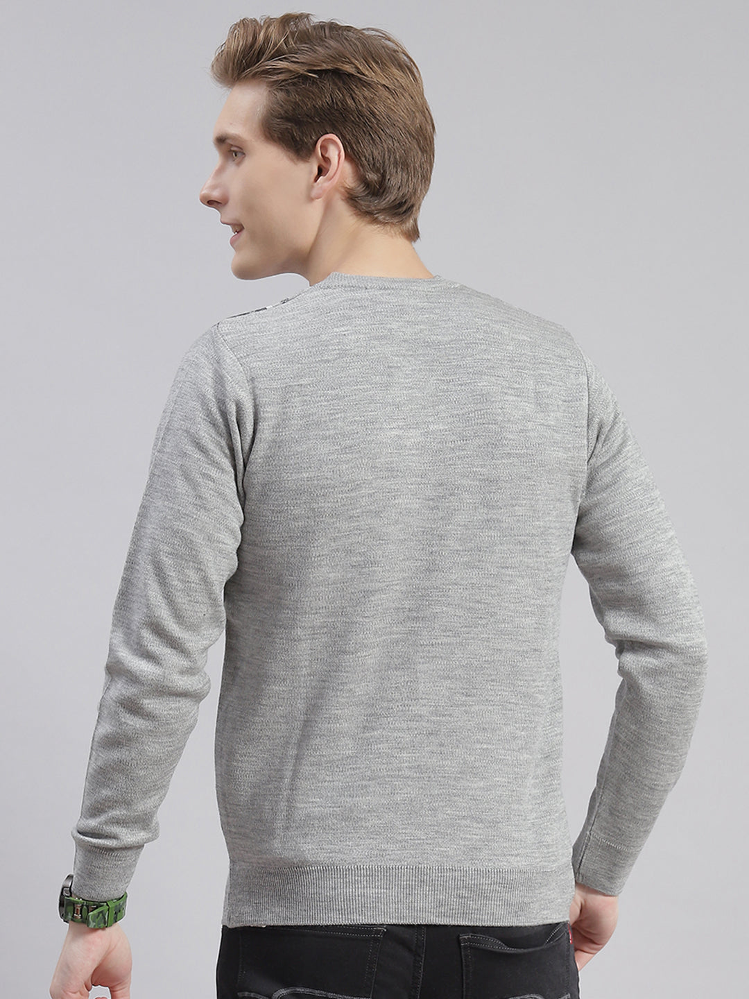 Men Grey Self Design V Neck Full Sleeve Sweaters/Pullovers