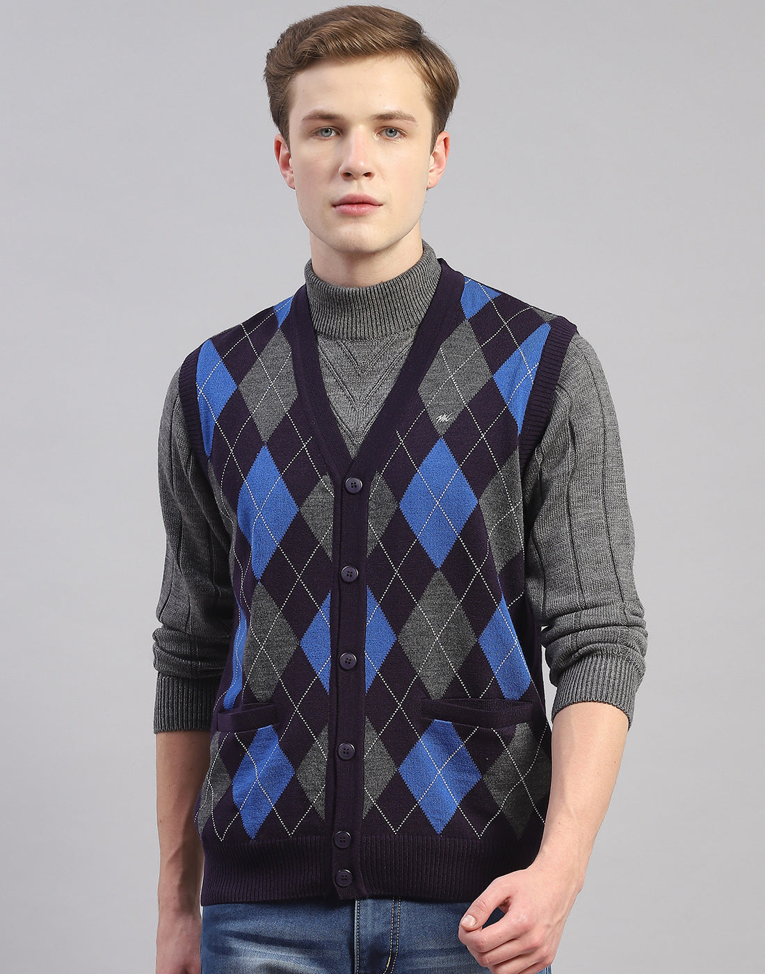 Men Navy Blue Self Design V Neck Sleeveless Cardigan