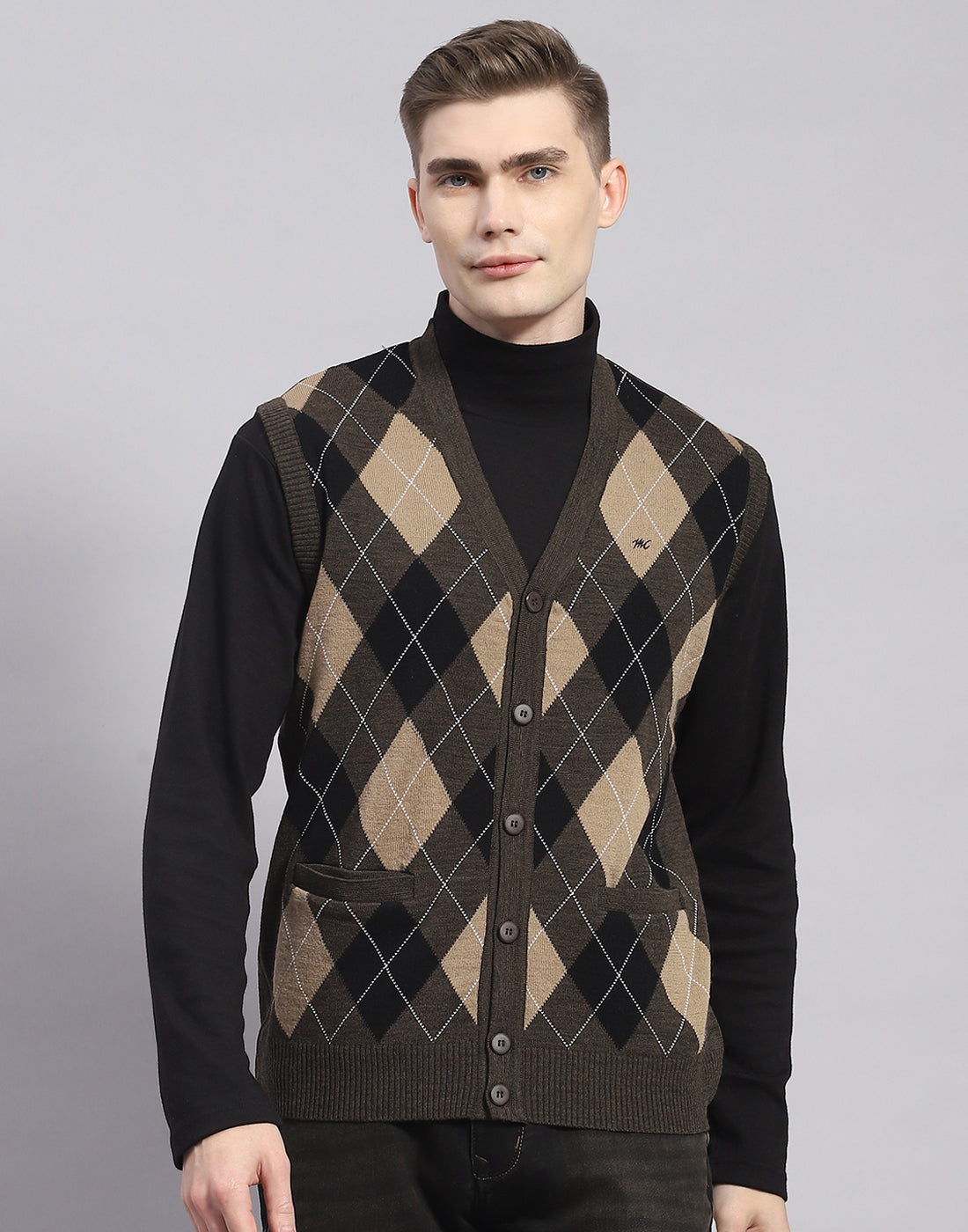 Men Brown Self Design V Neck Sleeveless Cardigan