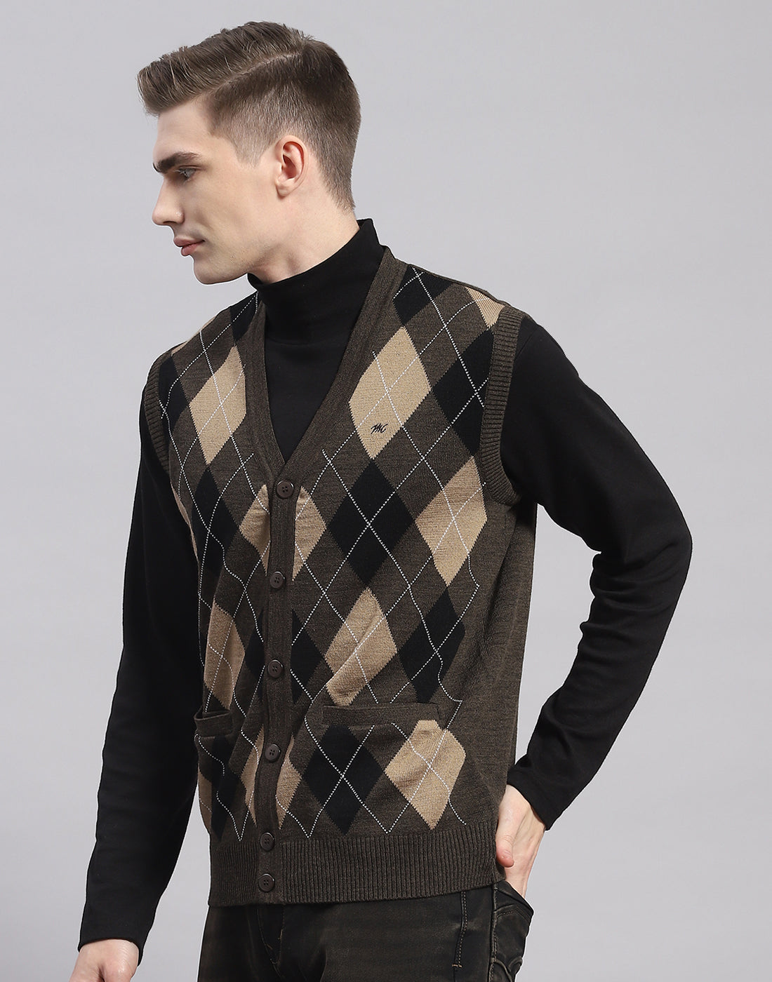 Men Brown Self Design V Neck Sleeveless Cardigan