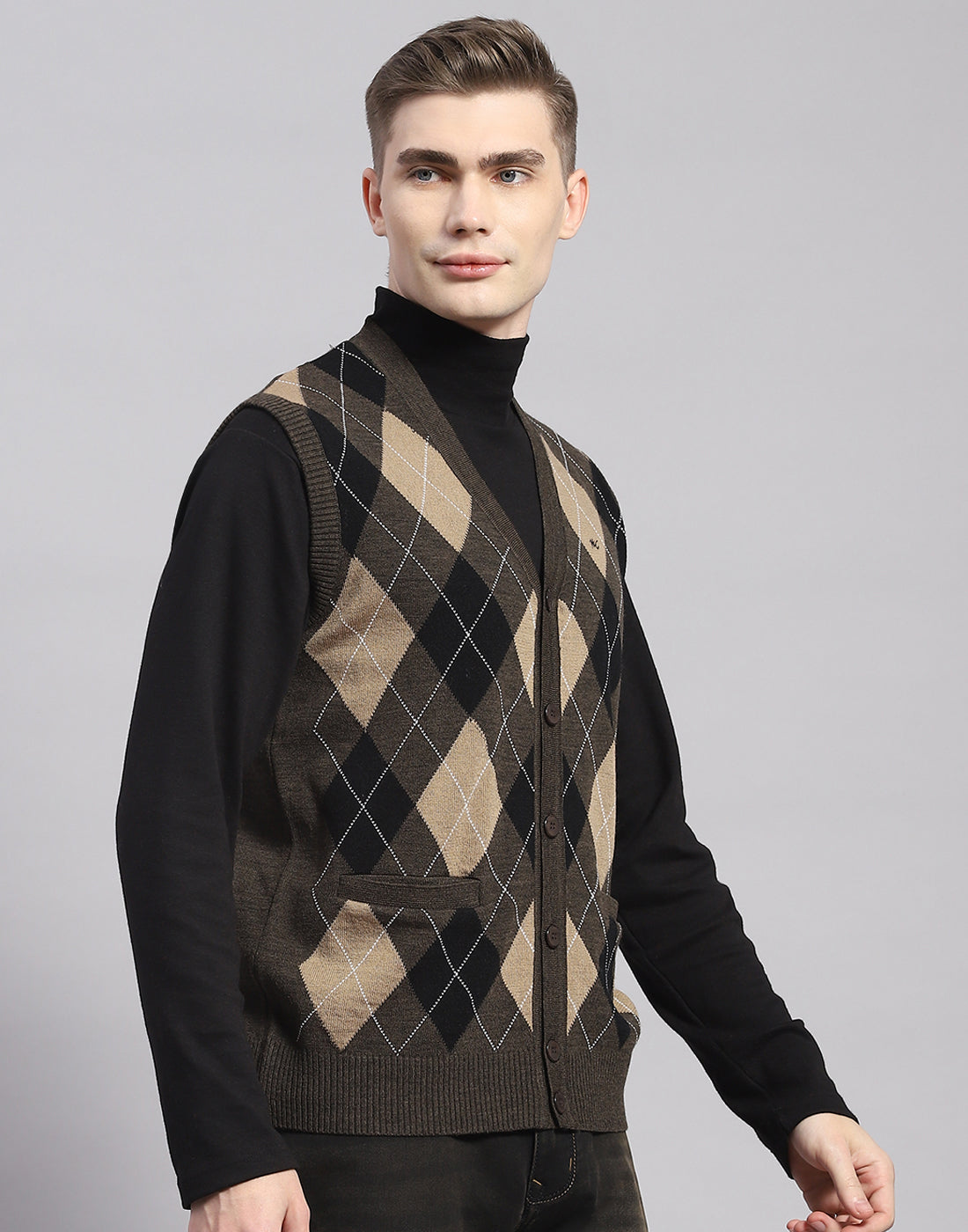 Men Brown Self Design V Neck Sleeveless Cardigan