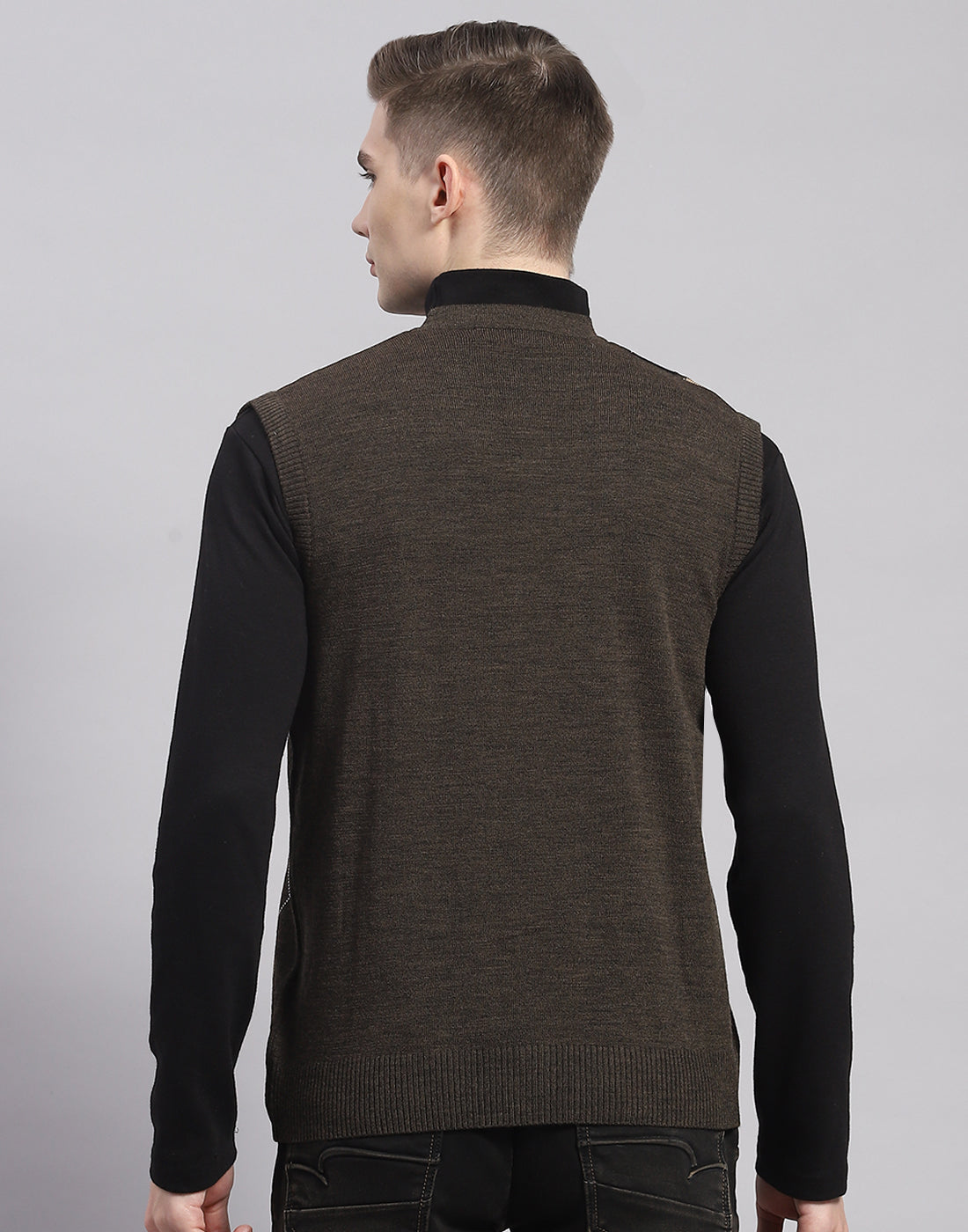 Men Brown Self Design V Neck Sleeveless Cardigan