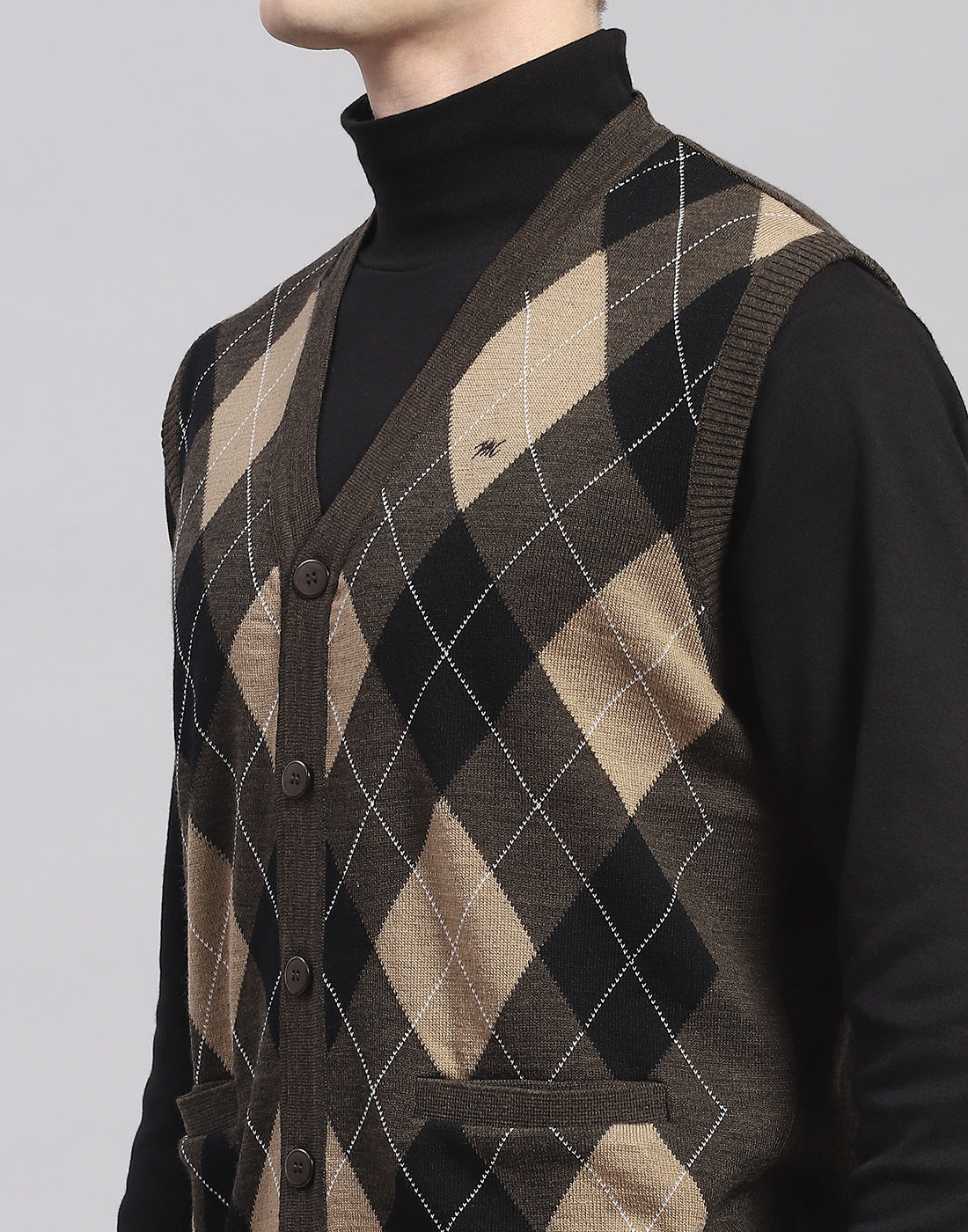 Men Brown Self Design V Neck Sleeveless Cardigan