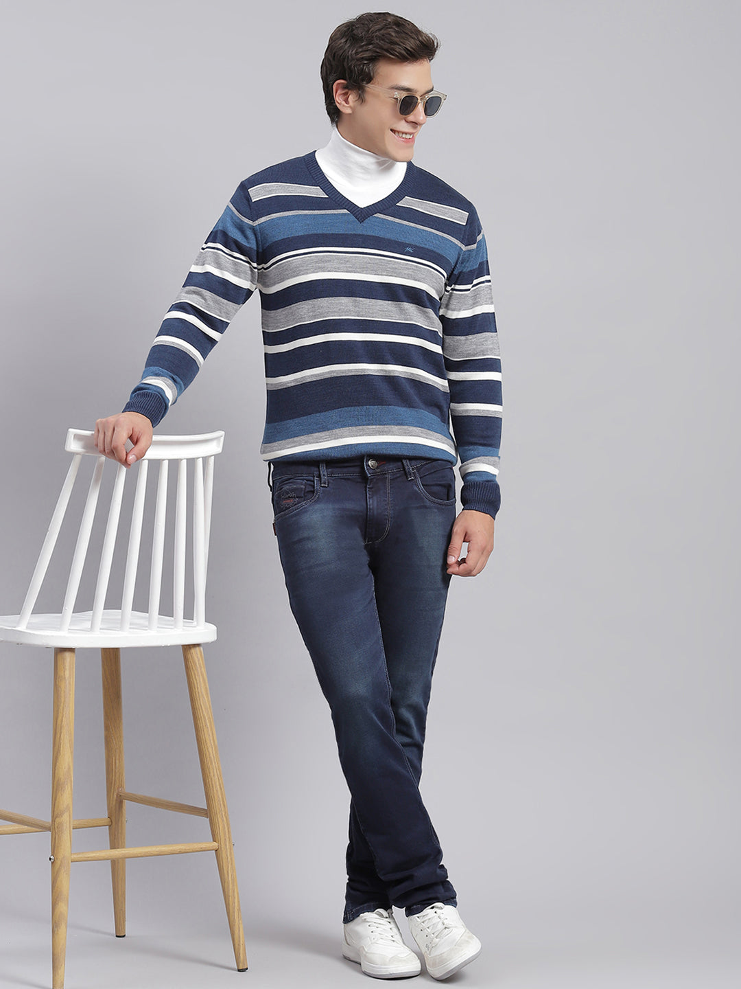 Babyhug Knitted Full Sleeves Striped Pullover Sweater Set - Navy Blue main image 0