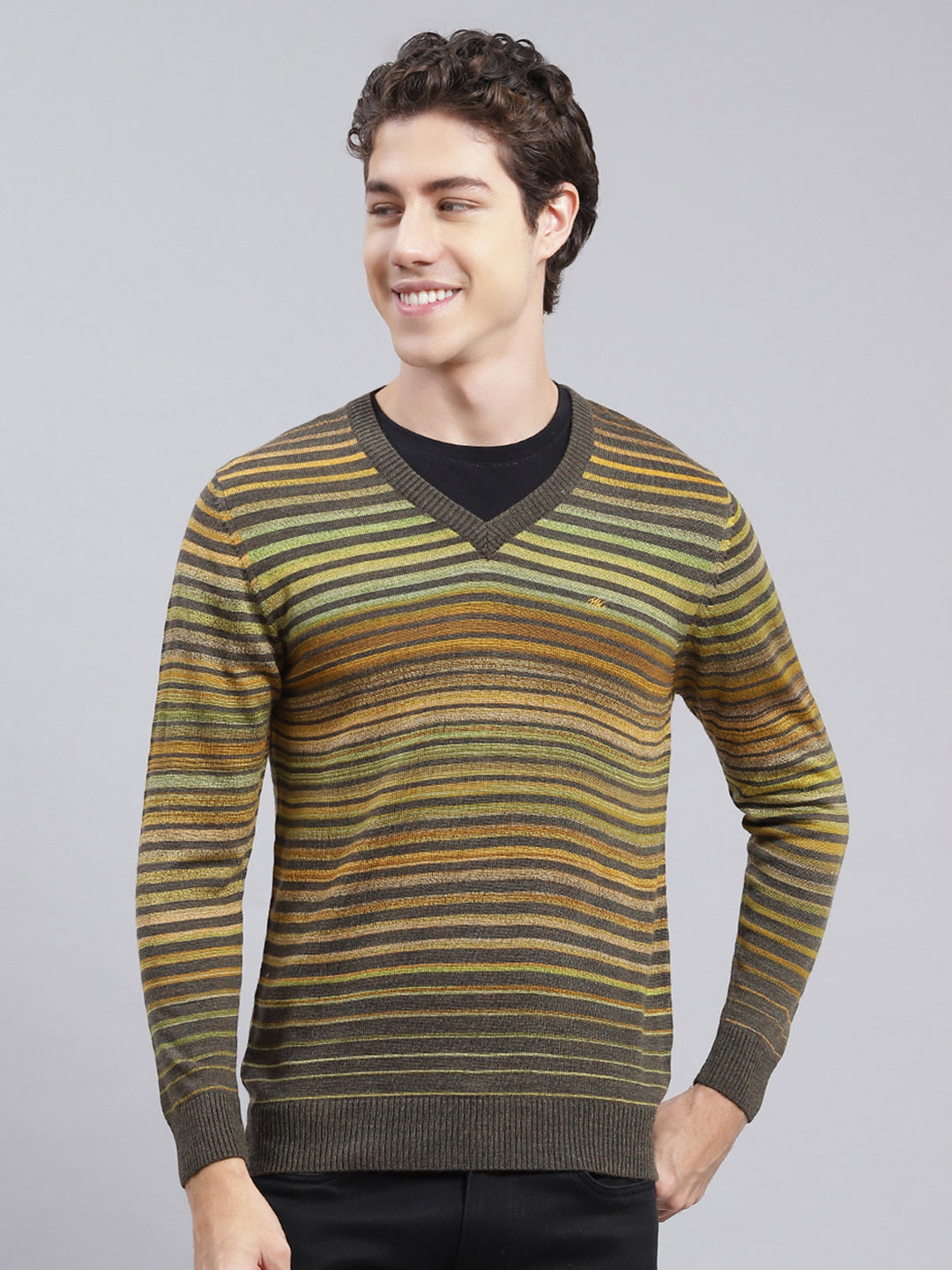 Men Green Stripe Wool blend Pullover