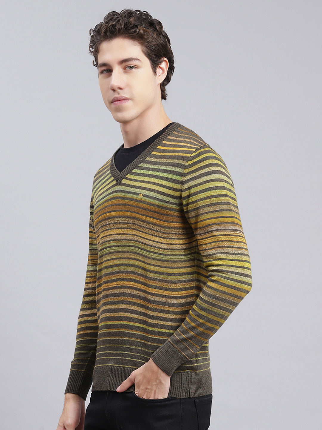 Men Green Stripe Wool blend Pullover