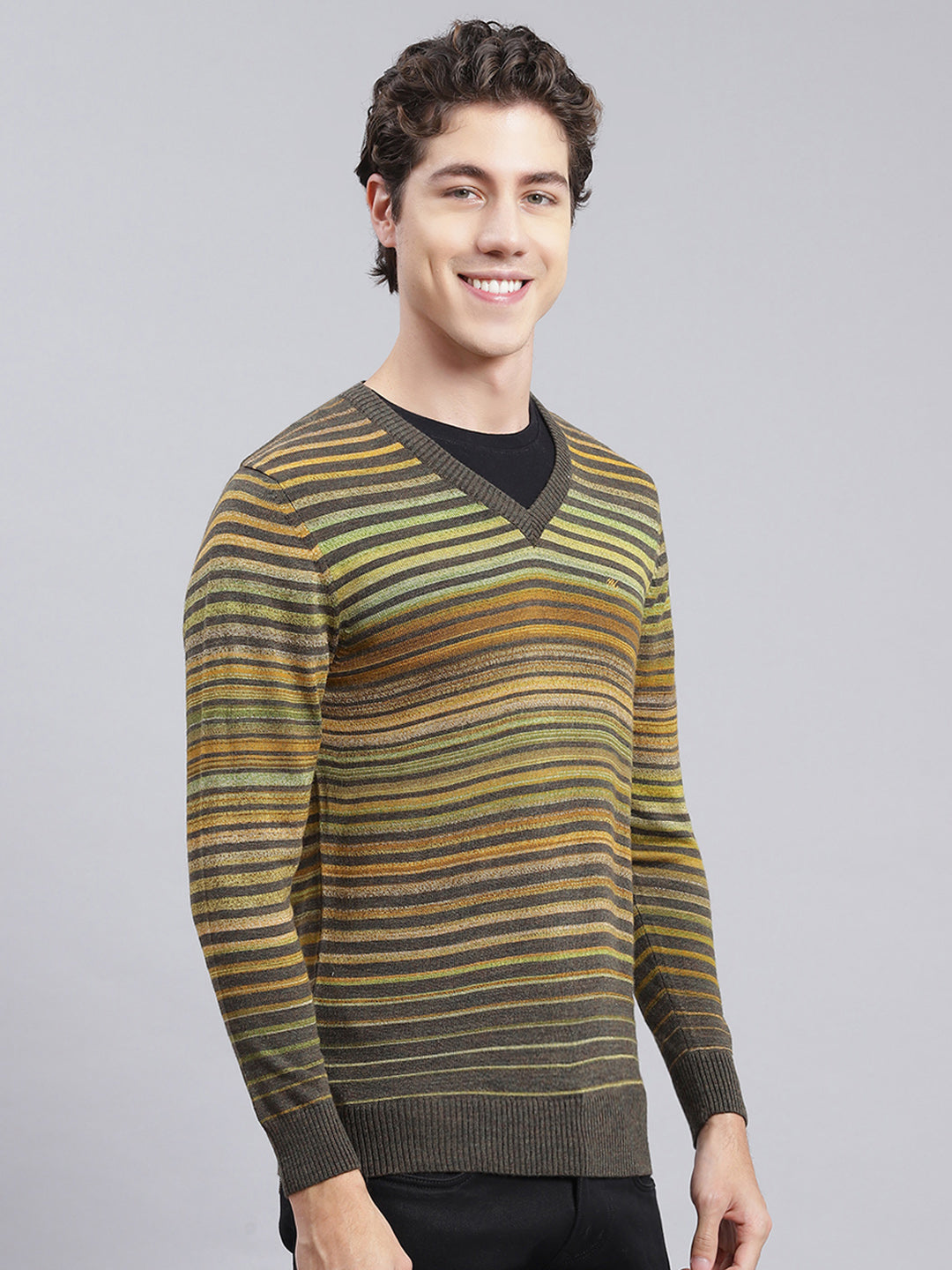 Men Green Stripe Wool blend Pullover