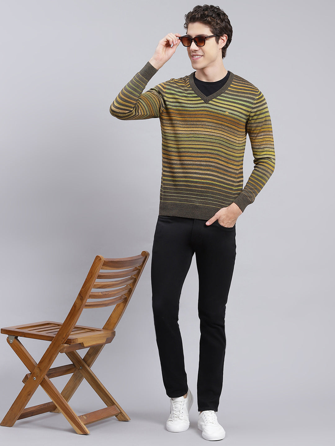 Men Green Stripe Wool blend Pullover