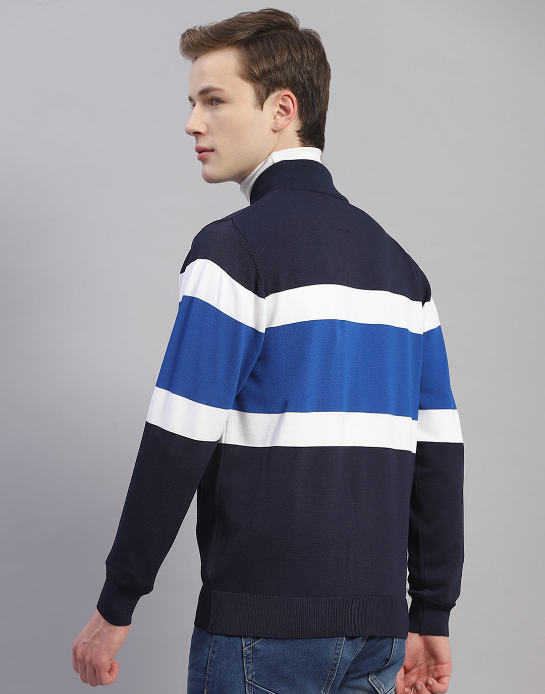 Men Navy Blue Stripe Mandarin Collar Full Sleeve Pullover