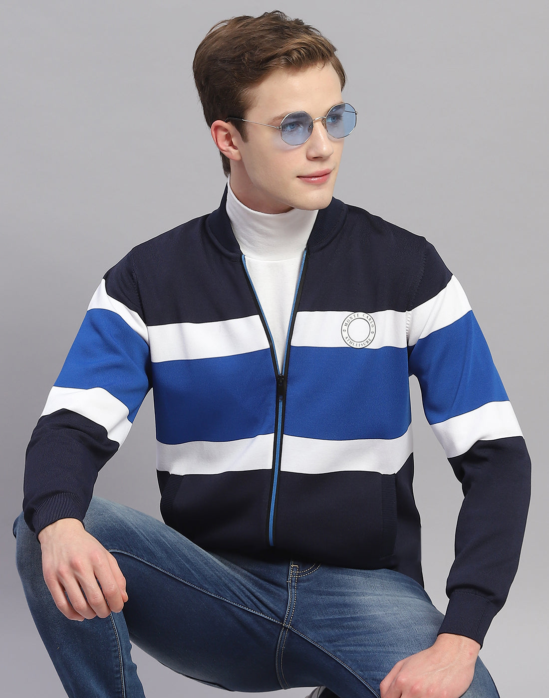 Men Navy Blue Stripe Mandarin Collar Full Sleeve Pullover