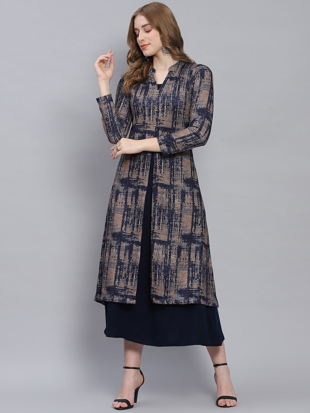 Women Navy Blue Self Design V Neck Full Sleeve Kurtis Set