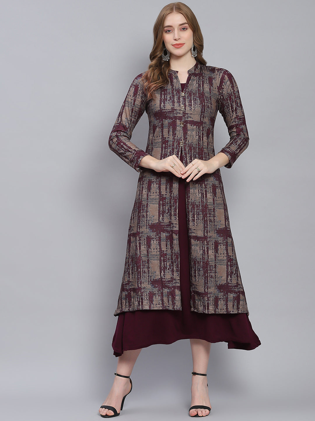 Women Maroon Self Design V Neck Full Sleeve Kurtis Set