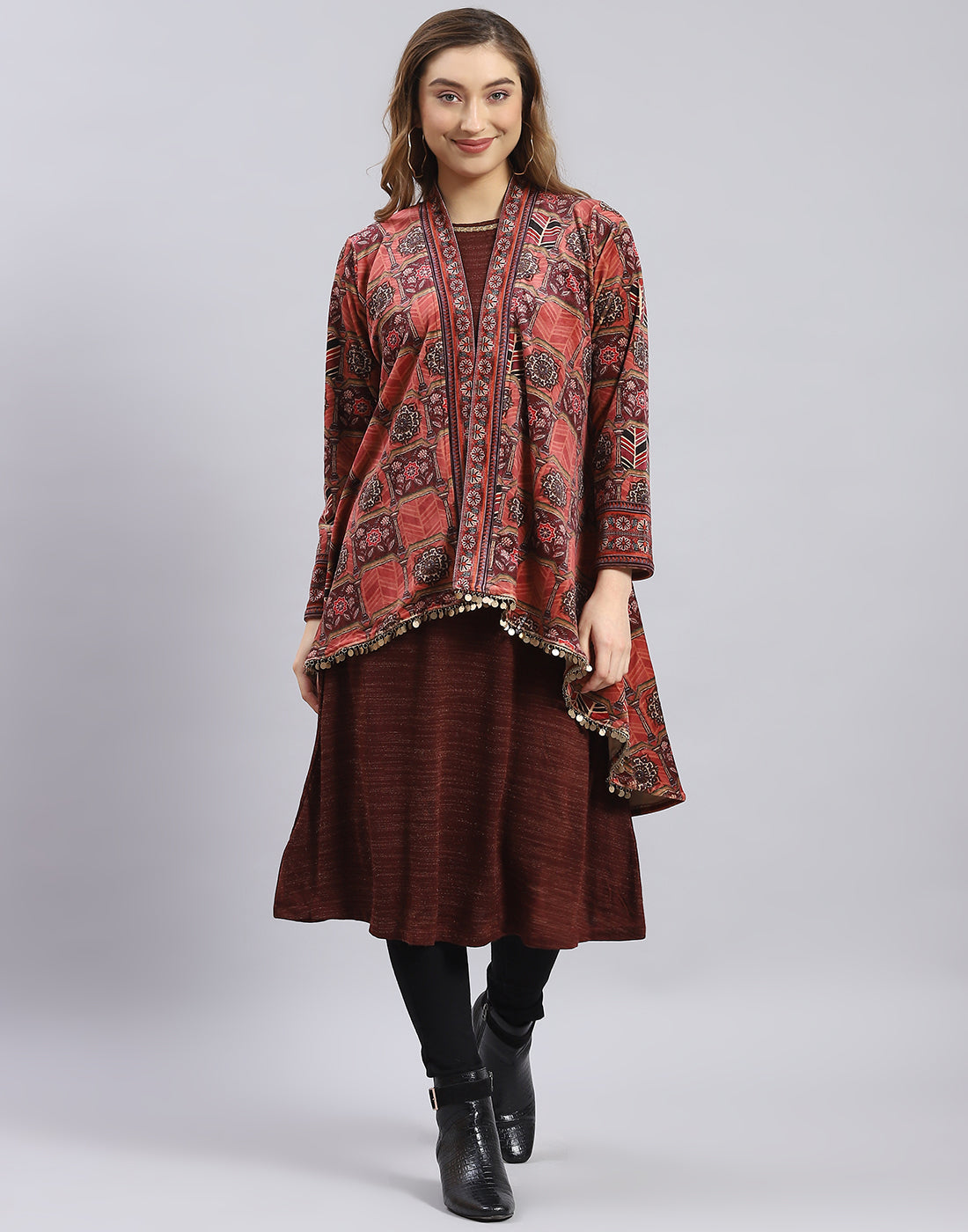 Women Maroon Self Design Round Neck Full Sleeve Kurtis Set