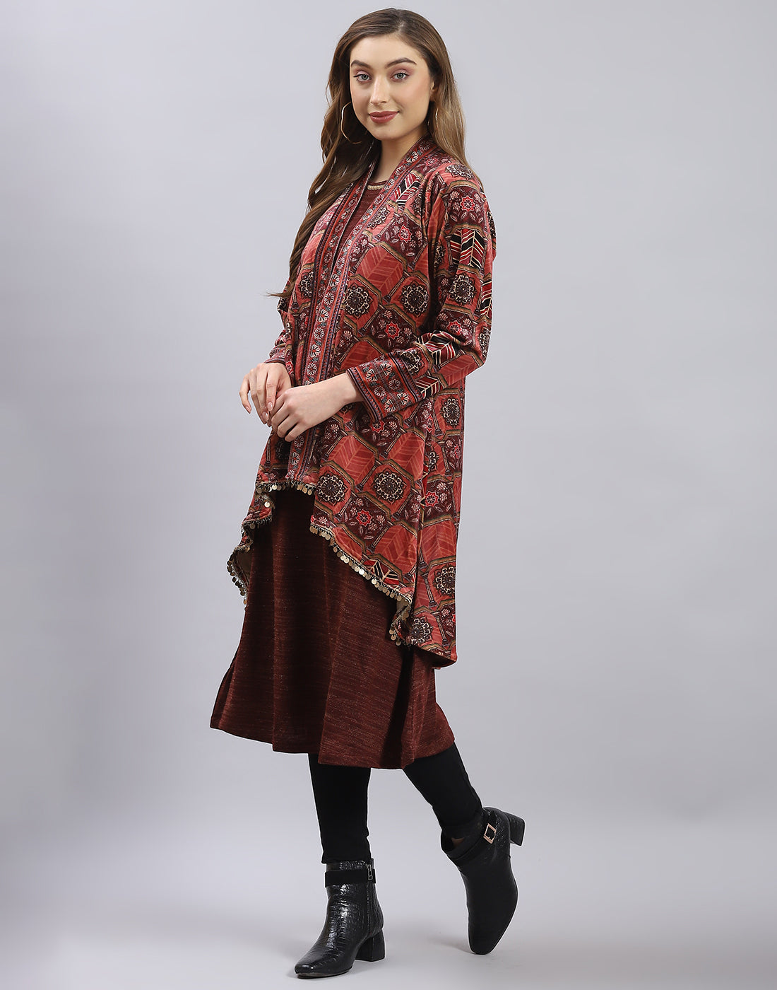 Women Maroon Self Design Round Neck Full Sleeve Kurtis Set