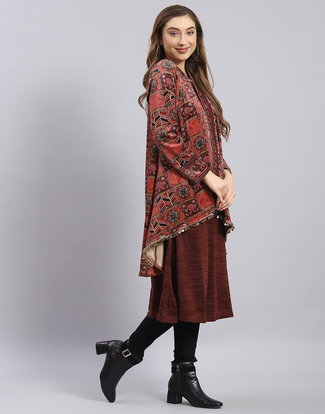 Women Maroon Self Design Round Neck Full Sleeve Kurtis Set