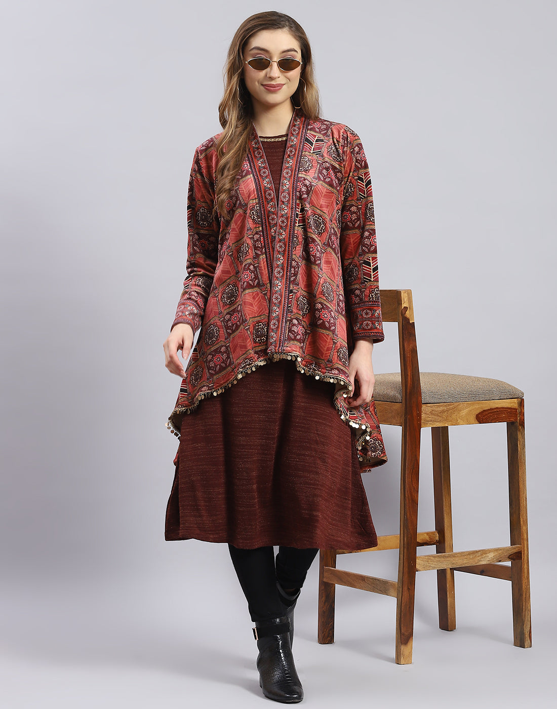 Women Maroon Self Design Round Neck Full Sleeve Kurtis Set