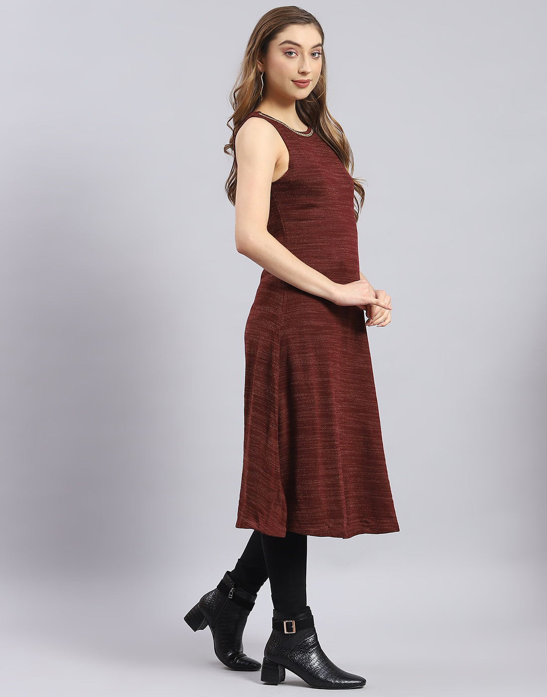 Women Maroon Self Design Round Neck Full Sleeve Kurtis Set