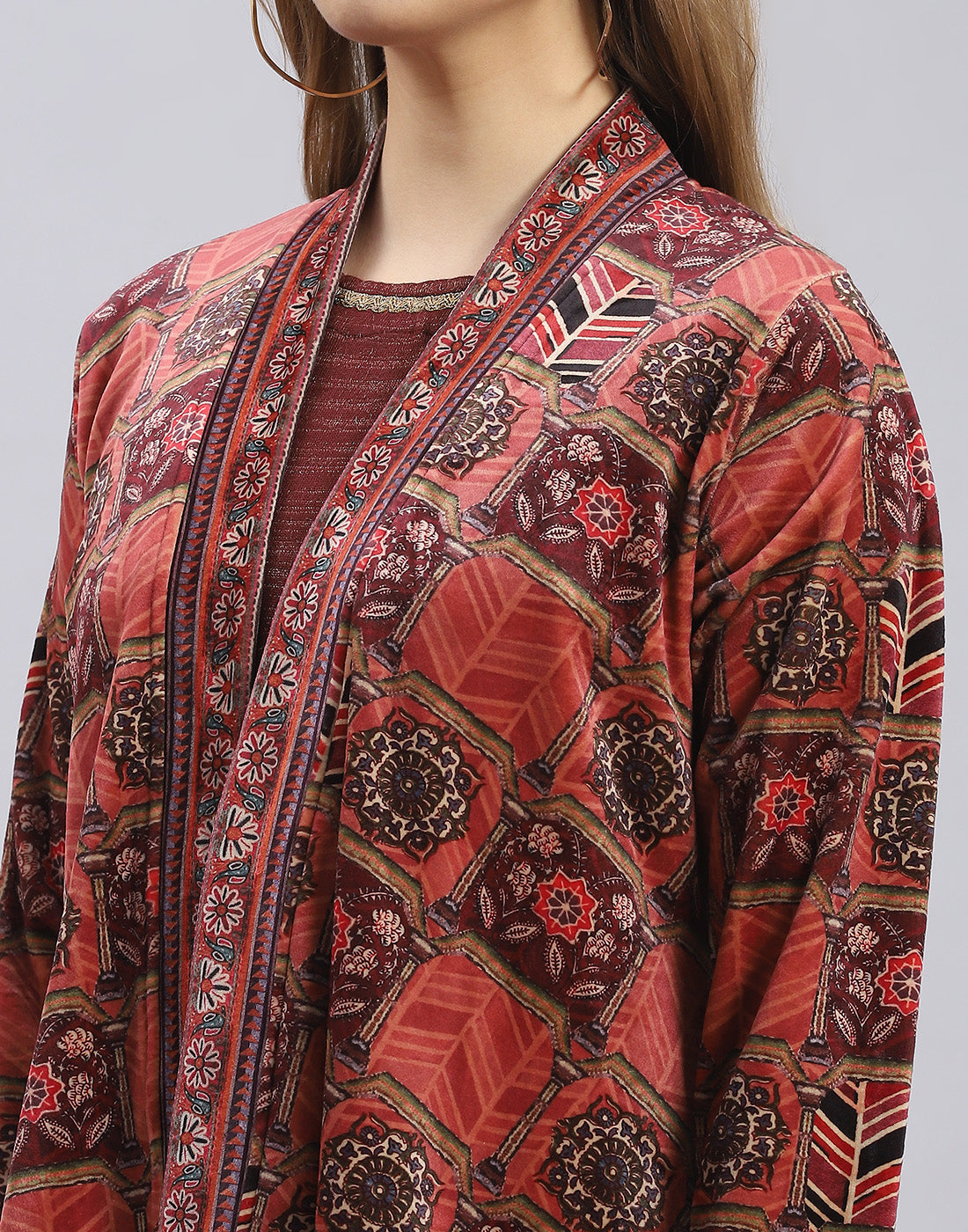 Women Maroon Self Design Round Neck Full Sleeve Kurtis Set