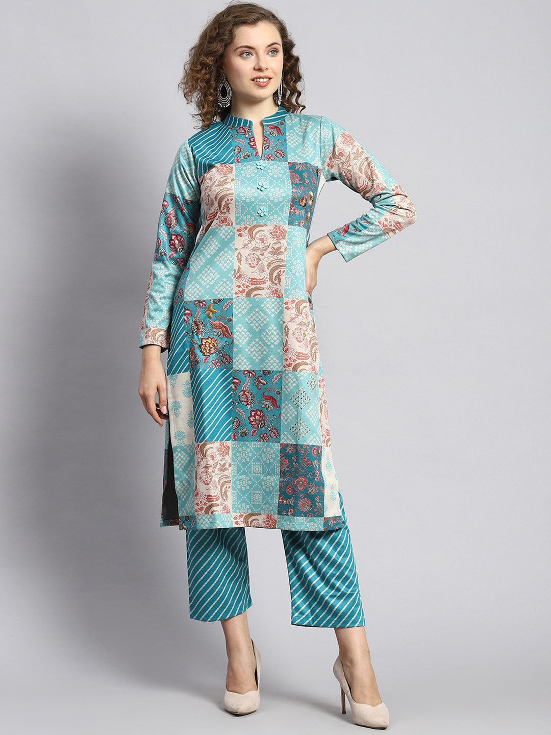Women Blue Self Kurti+Lower Set