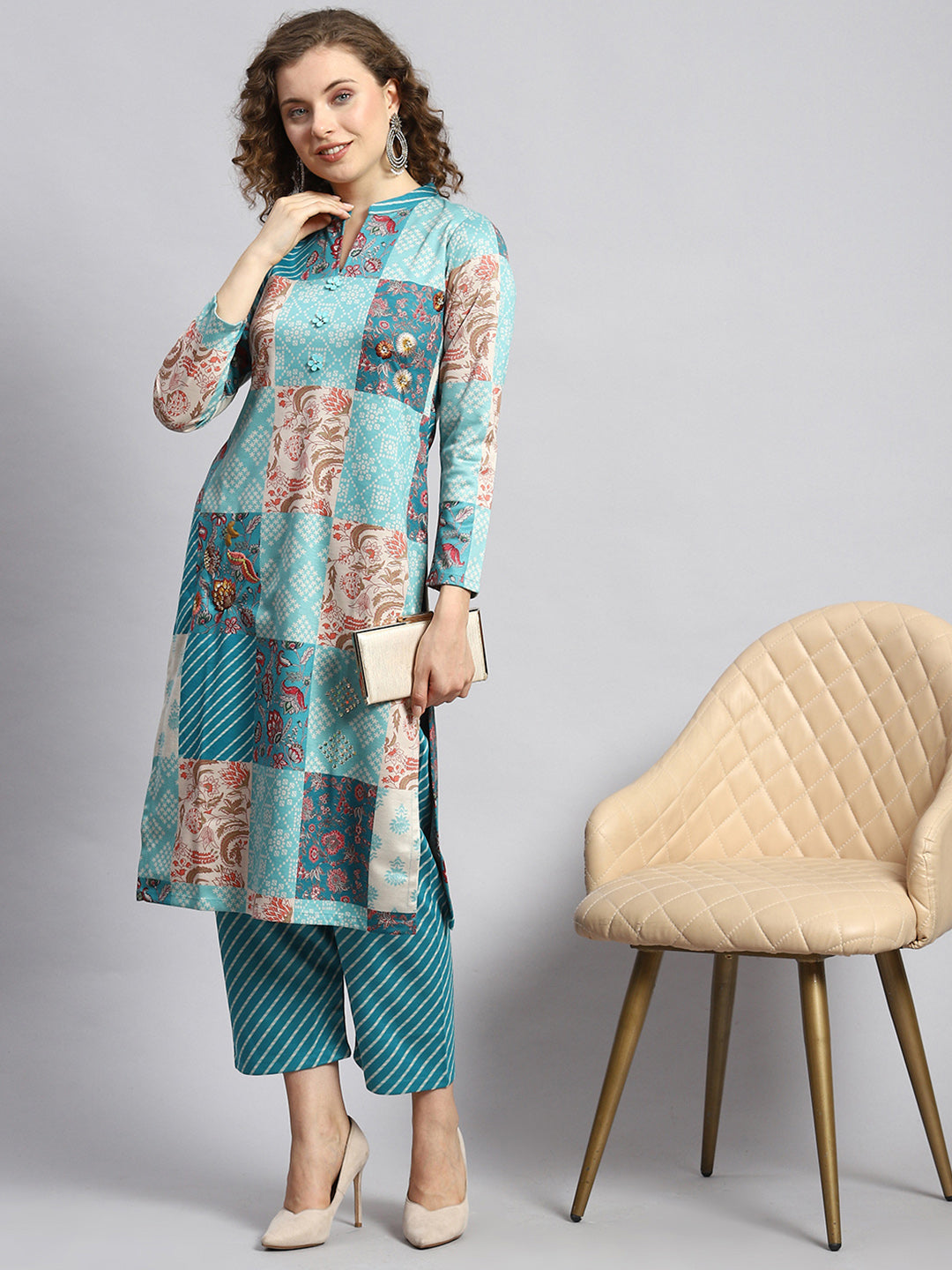 Women Blue Self Kurti+Lower Set
